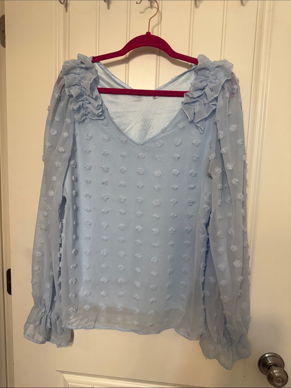 Source Unknown baby Blue Ruffle V-Neck Sheer Blouse dots